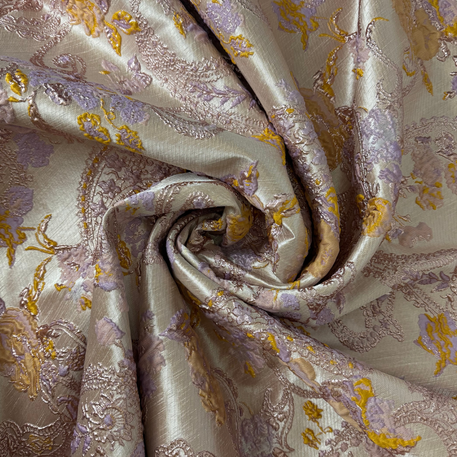 حرير جاكارد زري – نقش زهري بتدرجات البنفسجي والذهبي