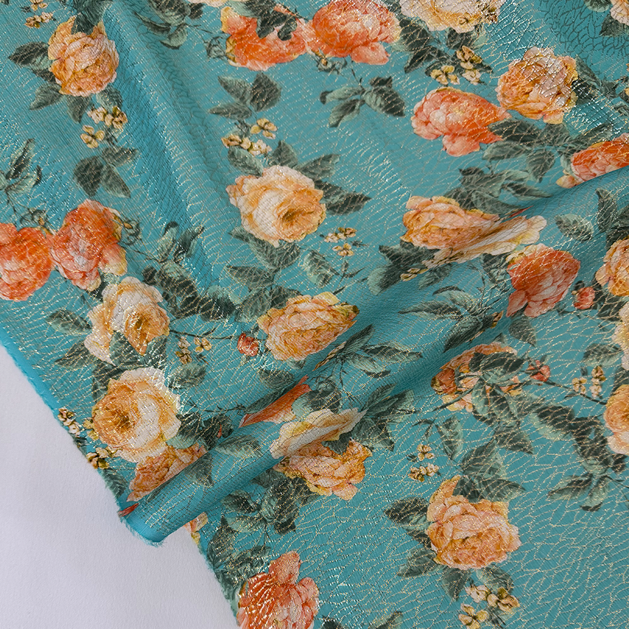 نقشة ورود وردية وصفراء على خلفية تركوازية