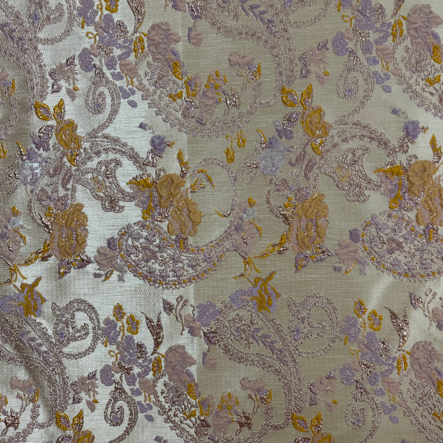 حرير جاكارد زري – نقش زهري بتدرجات البنفسجي والذهبي