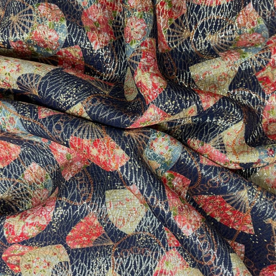 قماش حرير إيطالي بنقشة مراوح شرقية فاخرة