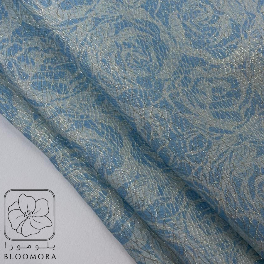 حرير إيطالي أزرق سماوي بنقشة ورود لامعة