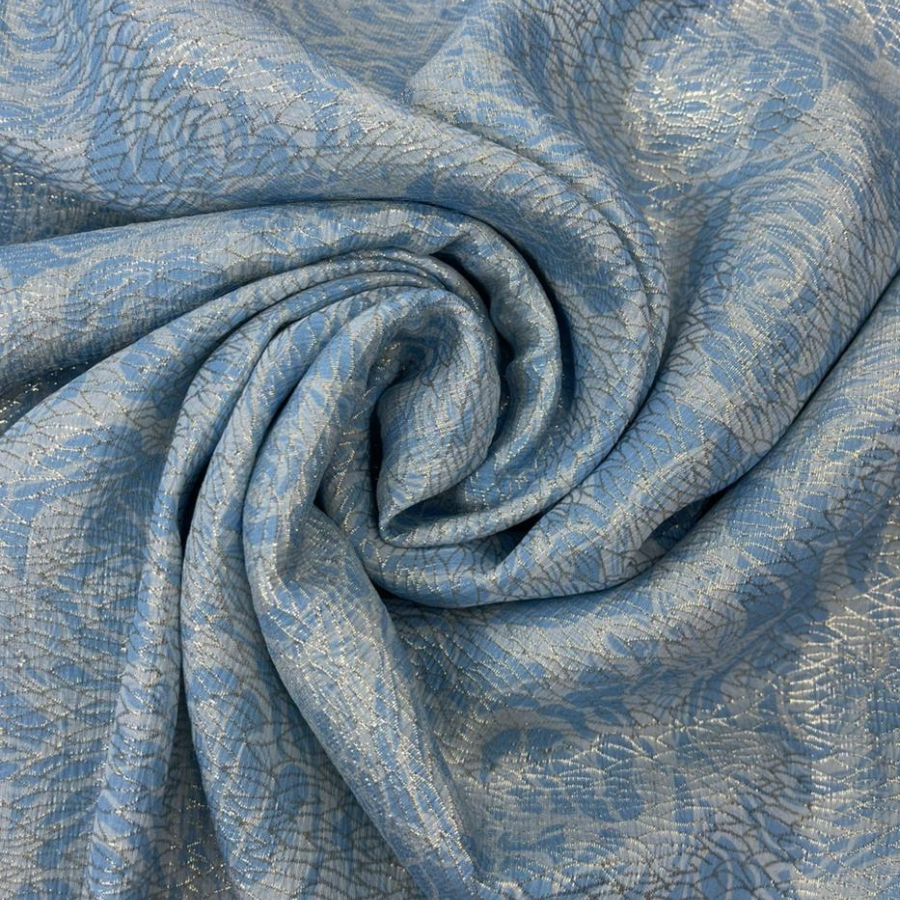 حرير إيطالي أزرق سماوي بنقشة ورود لامعة