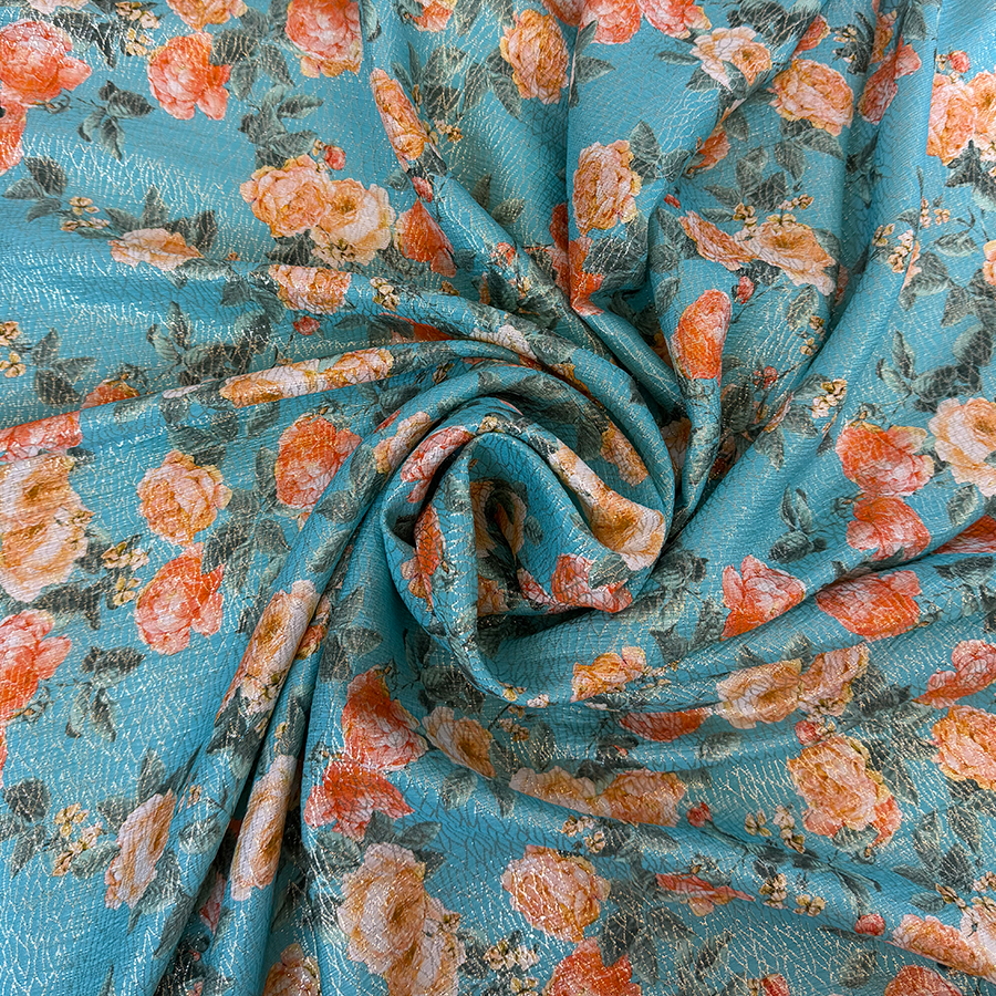 نقشة ورود وردية وصفراء على خلفية تركوازية