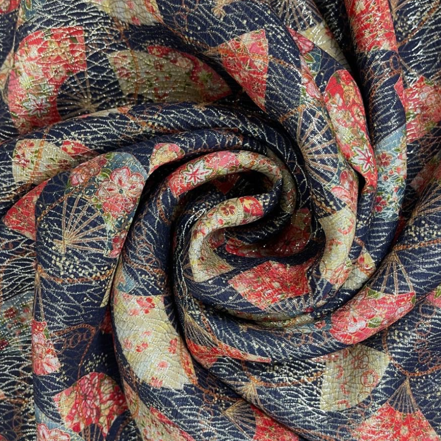 قماش حرير إيطالي بنقشة مراوح شرقية فاخرة