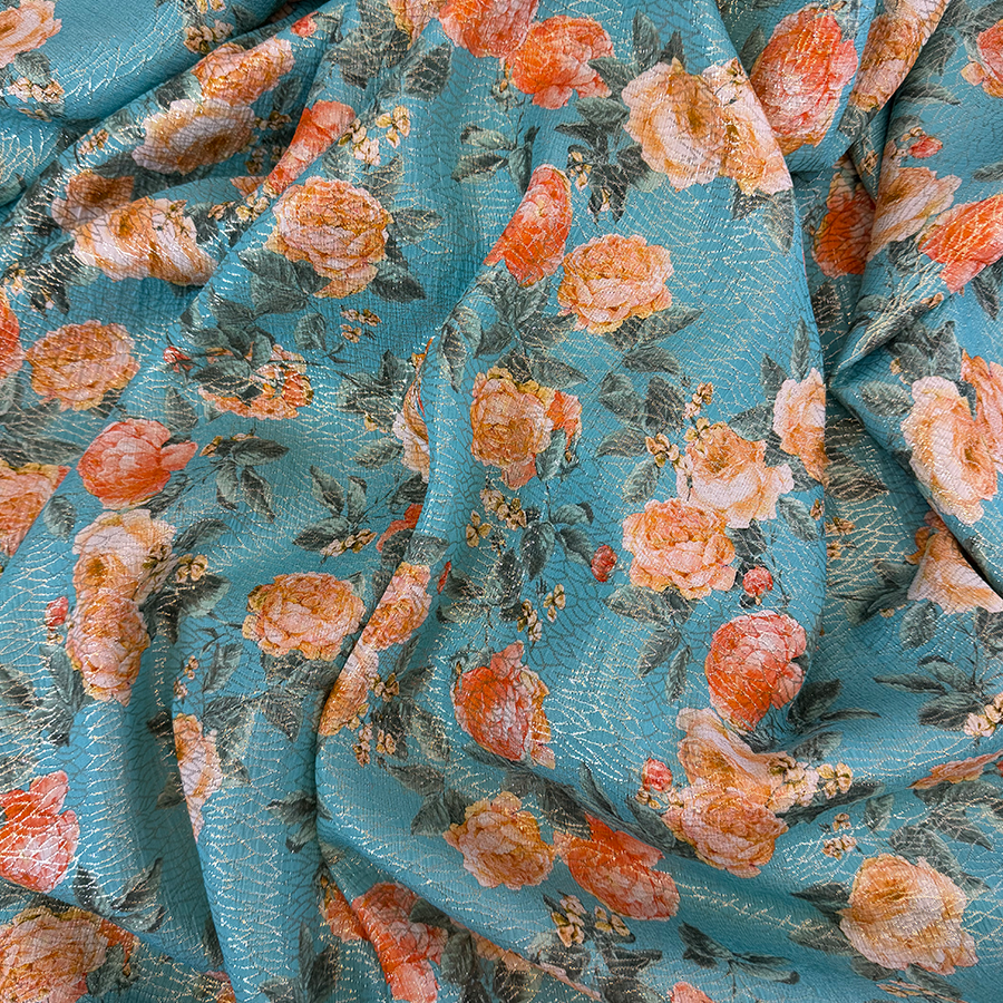 نقشة ورود وردية وصفراء على خلفية تركوازية