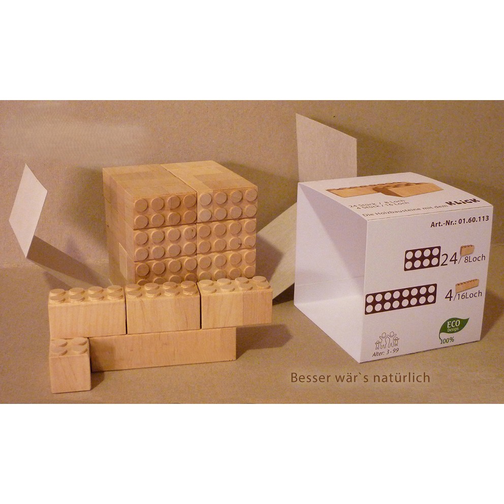 28 Stück Holzbausteine: 4 Stück / 16 Loch, 24 Stück / 8 Loch