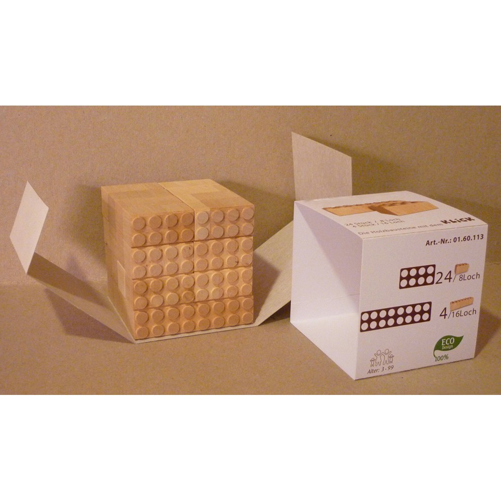 28 Stück Holzbausteine: 4 Stück / 16 Loch, 24 Stück / 8 Loch