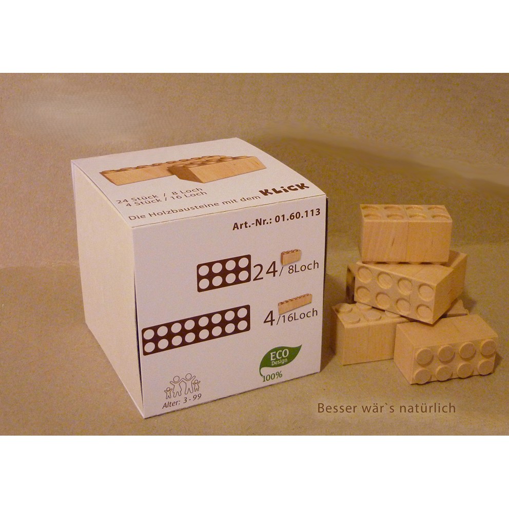 28 Stück Holzbausteine: 4 Stück / 16 Loch, 24 Stück / 8 Loch