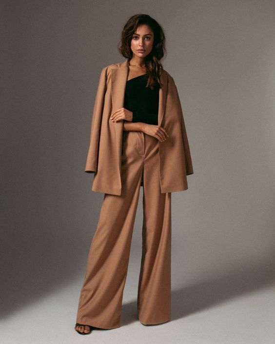 Women's Camel Wide-Leg Suit Set