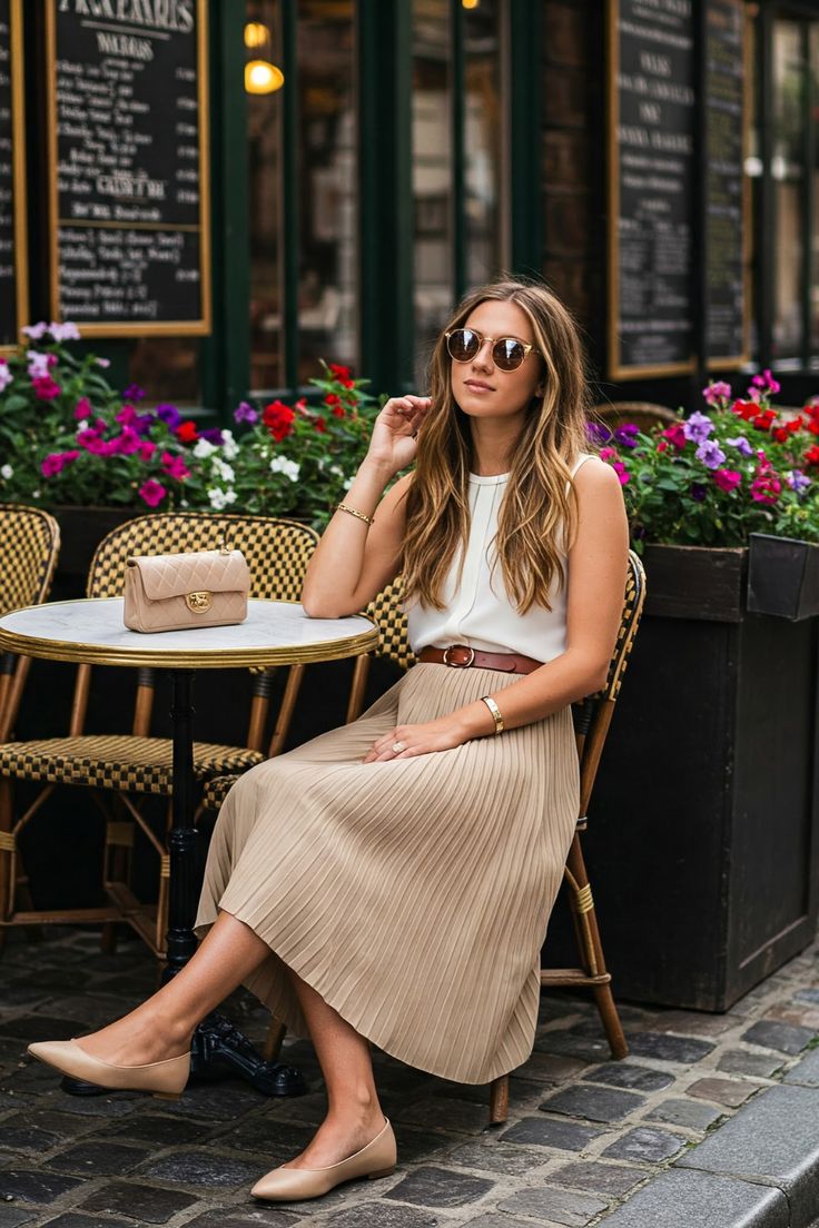 Beige Pleated Midi Skirt