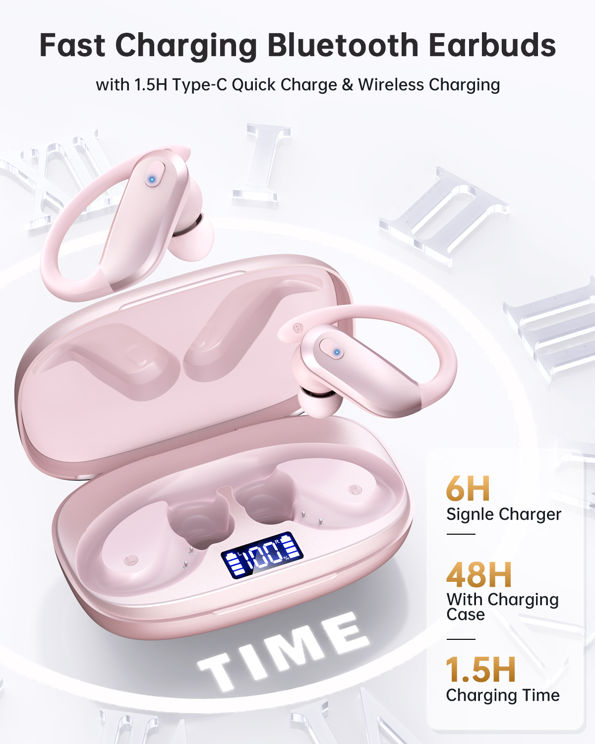 NDO Bluetooth 5.3 Wireless Earbuds with Earhooks,Sport Headphones 48H Playtime,Lightweight Design,ENC Mic,IPX7 Waterproof,Type-C Fast Charging,Perfect for Workout and Daily Use-Pink