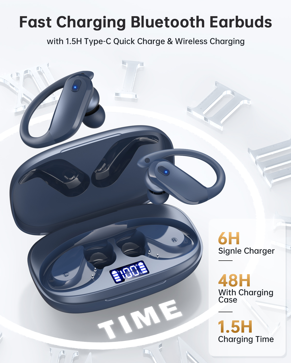 Bluetooth Earbuds with Earhooks 48H Playtime,IPX7 Waterproof Wireless Headphones with Bluetooth 5.3,ENC Noise Cancelling Mic,Lightweight Fit for Office,Travel Gym Daily Style (Dark Blue)