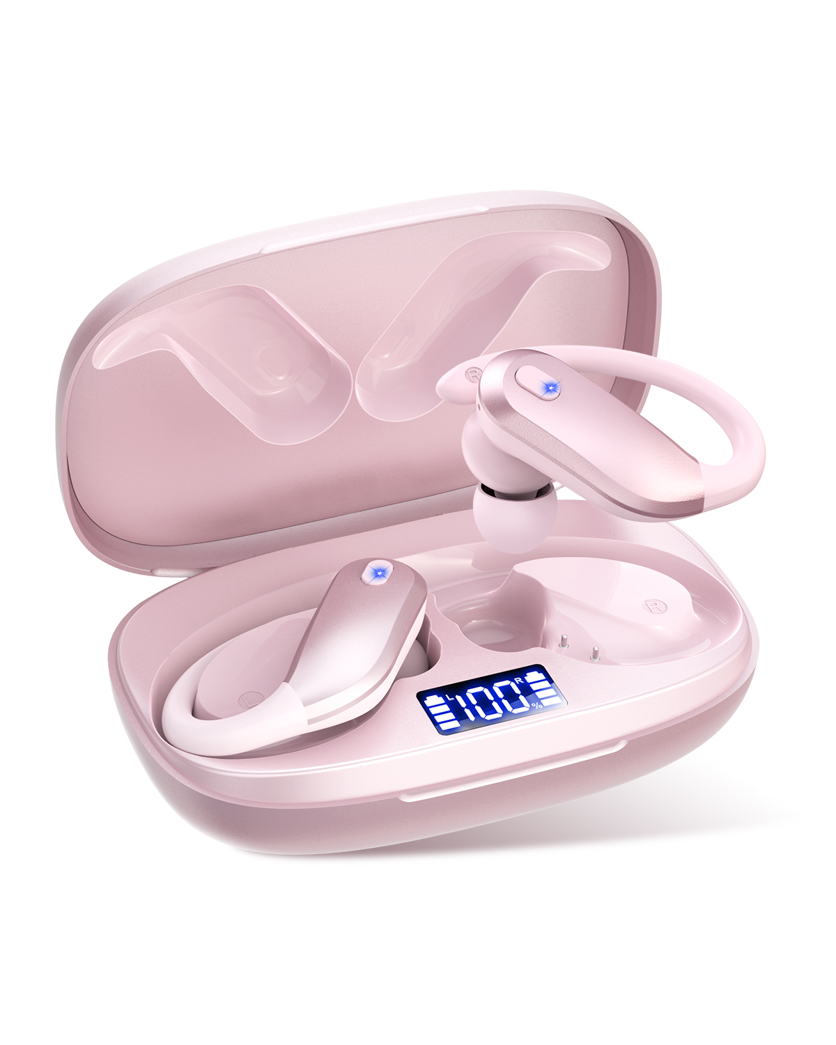 NDO Bluetooth 5.3 Wireless Earbuds with Earhooks,Sport Headphones 48H Playtime,Lightweight Design,ENC Mic,IPX7 Waterproof,Type-C Fast Charging,Perfect for Workout and Daily Use-Pink