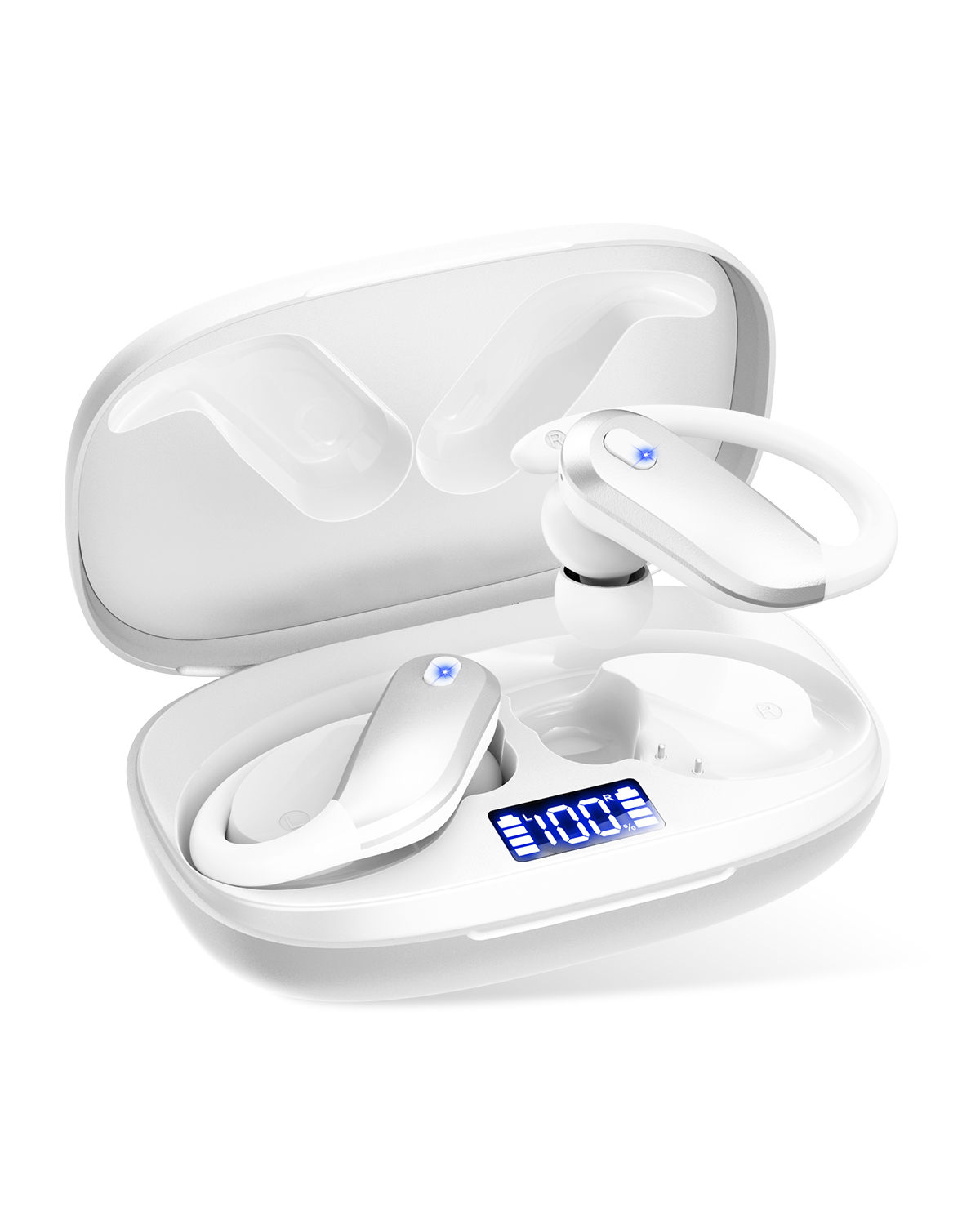 Bluetooth Earbuds with Earhooks 48H Playtime,IPX7 Waterproof Wireless Headphones with Bluetooth 5.3,ENC Noise Cancelling Mic,Lightweight Fit for Office,Travel Gym Daily Style (White)