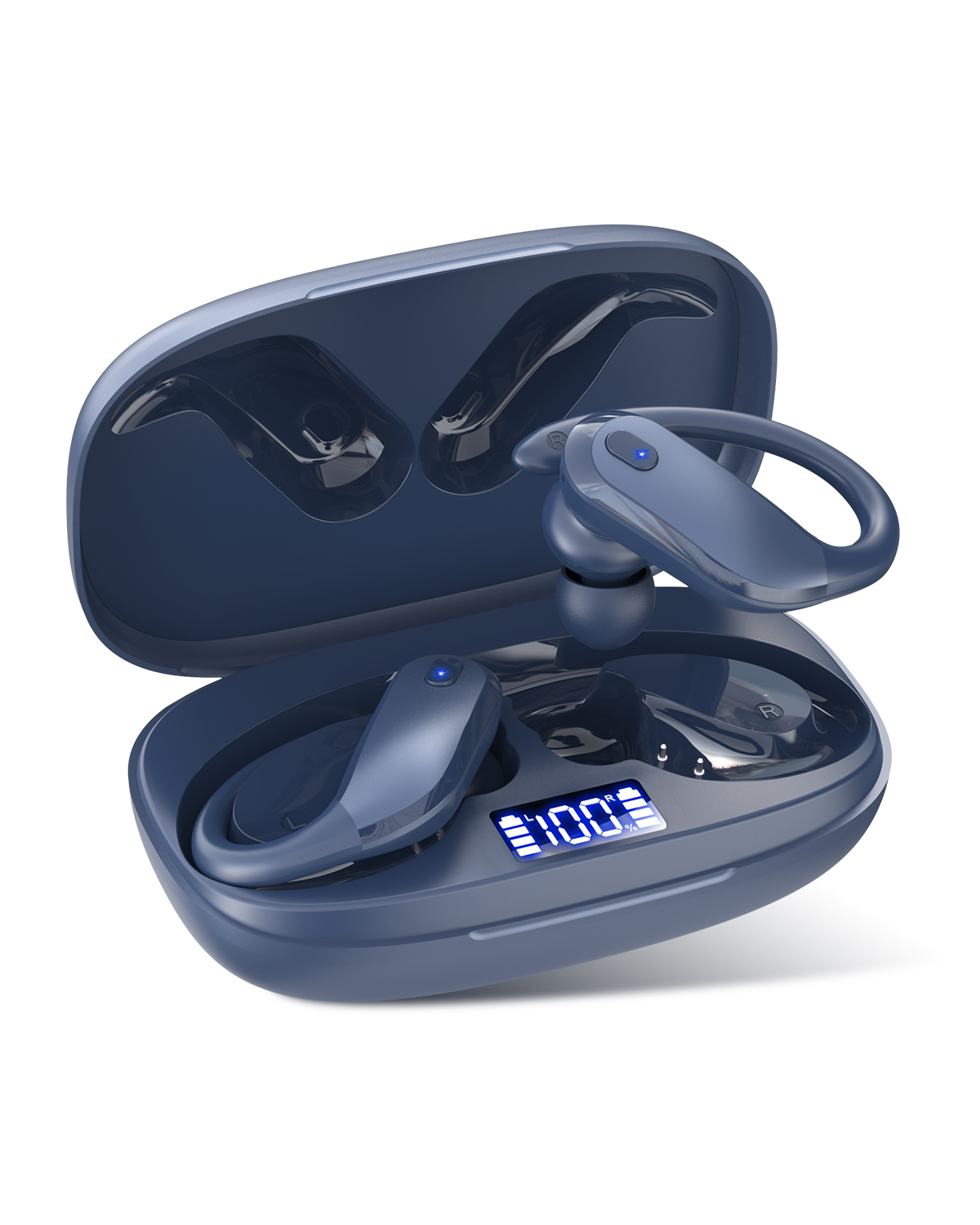 Bluetooth Earbuds with Earhooks 48H Playtime,IPX7 Waterproof Wireless Headphones with Bluetooth 5.3,ENC Noise Cancelling Mic,Lightweight Fit for Office,Travel Gym Daily Style (Dark Blue)