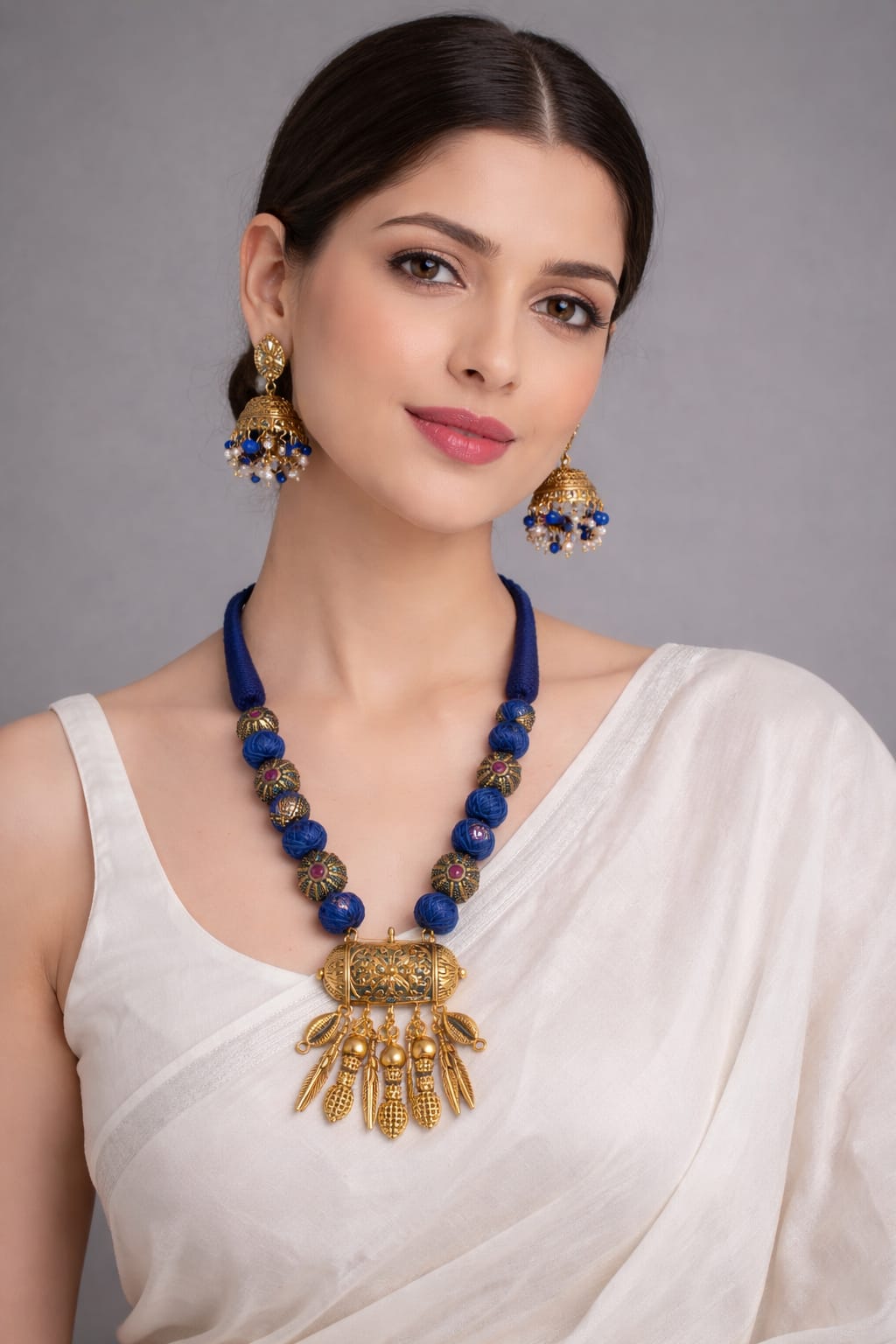 Handcrafted Blue Thread Necklace Set