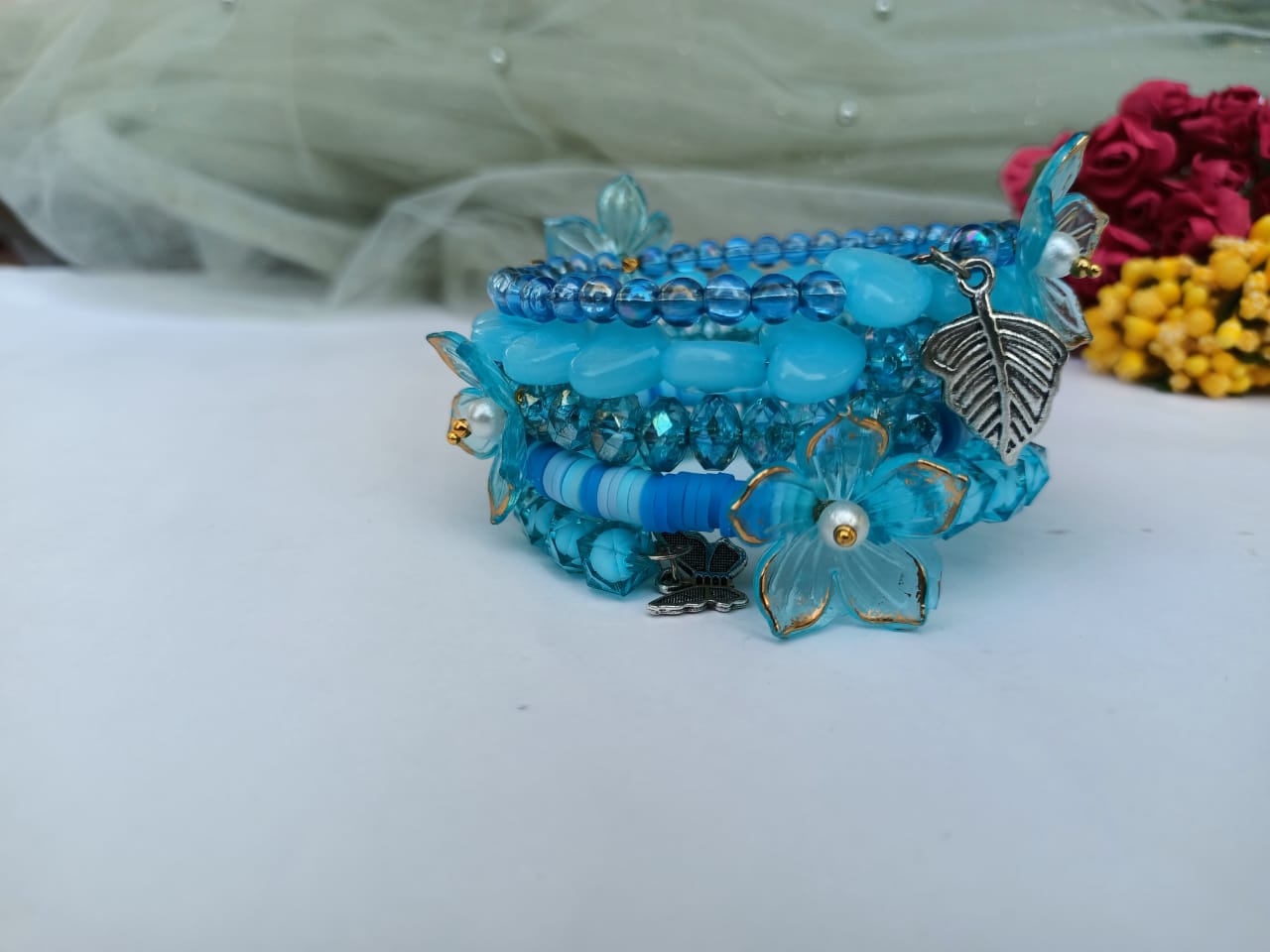 Blue Floral Beaded Bracelet