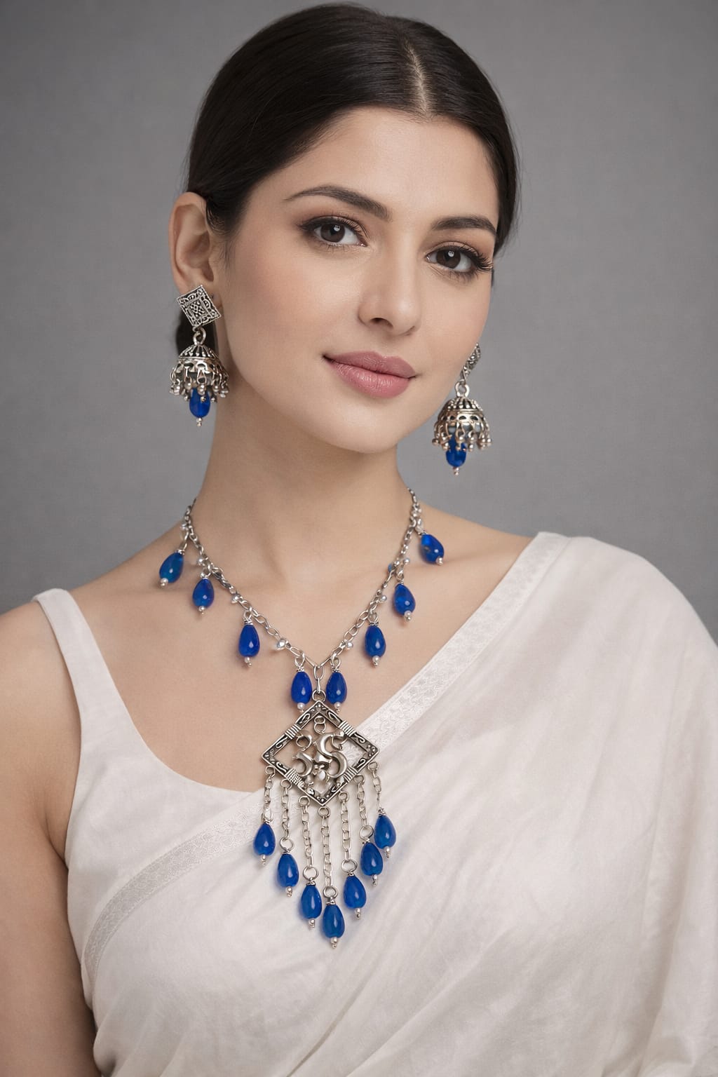 Handcrafted Silver and Blue Gemstone Necklace Set