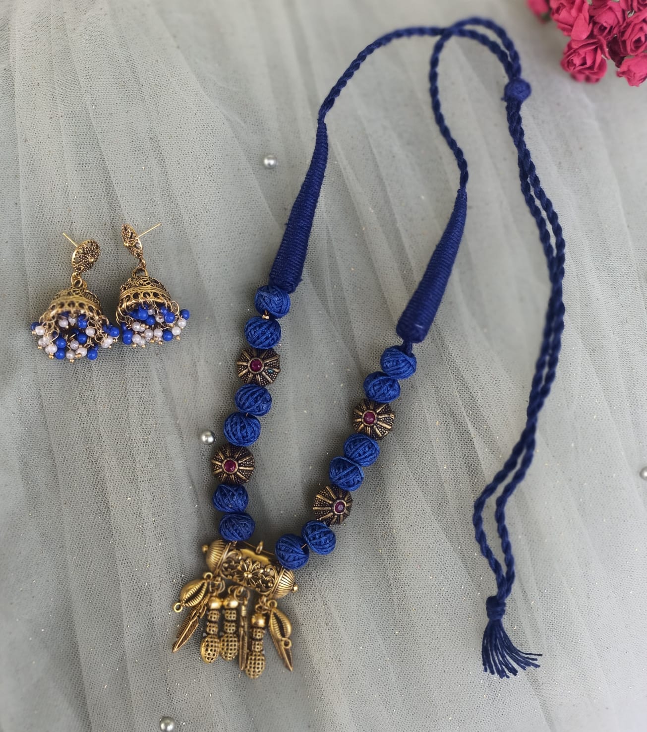 Handcrafted Blue Thread Necklace Set
