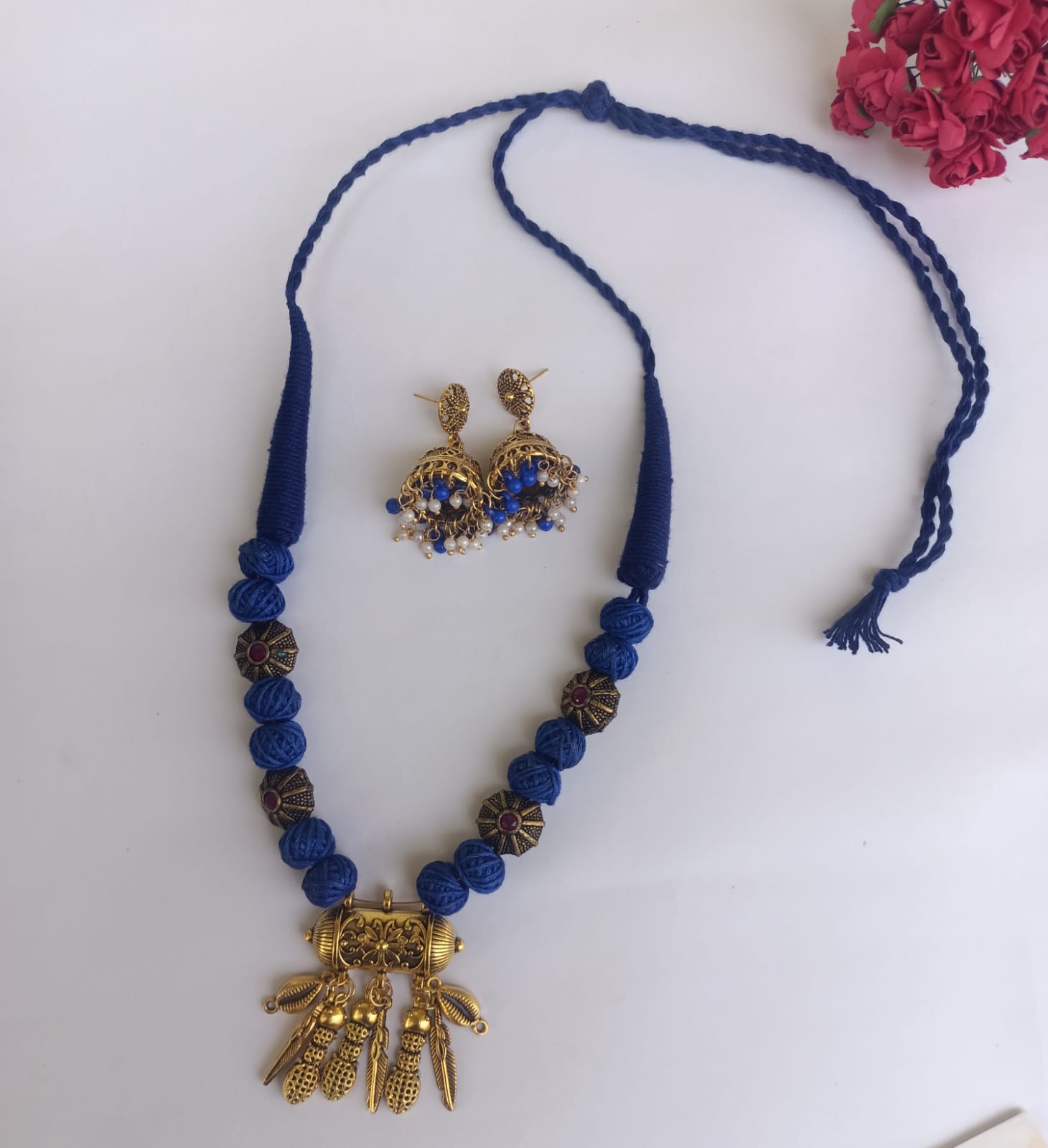 Handcrafted Blue Thread Necklace Set