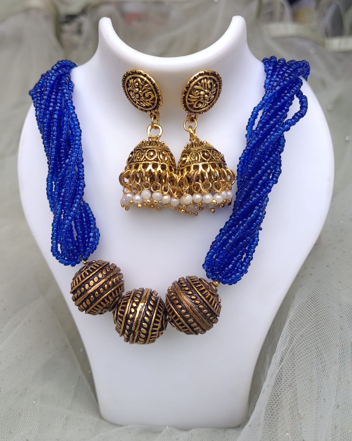 Traditional Blue Beaded Necklace Set