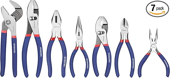 7-piece WORKPRO Pliers Set with Groove Joint, Long Nose, Slip Joint, Linesman, and Diagonal Pliers for DIY & Home Use
