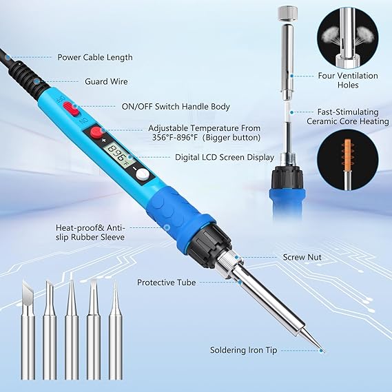 Soldering Iron Kit, 80W 110V LCD Digital Solder Iron Pen with Ceramic Heater, Portable Welding Tools with 5pcs Tips, Stand, Solders Wire, Sponge, Paste, for Metal,Electric Repairs, DIY
