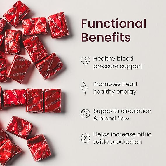 Humann SuperBeets Heart Chews, Nitric Oxide and Blood Pressure Support, Grape Seed Extract & Non-GMO Beet Root Powder Energy Supplement, Pomegranate Berry Flavor, 60 Count
