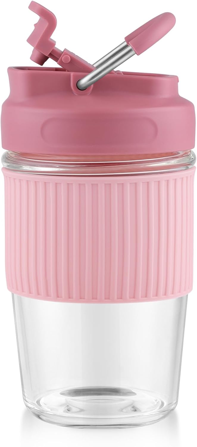 Reusable Glass Coffee Cup | 16oz/450ml Leakproof Travel Mug with Portable Metal Handle,Pink| Borosilicate Glass,Eco-Friendly,BPA-Free|Camping,