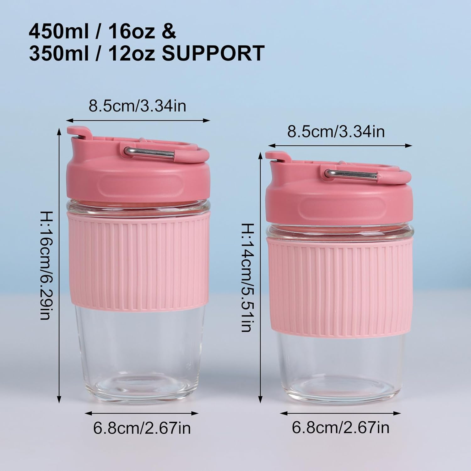 Reusable Glass Coffee Cup | 16oz/450ml Leakproof Travel Mug with Portable Metal Handle,Pink| Borosilicate Glass,Eco-Friendly,BPA-Free|Camping,