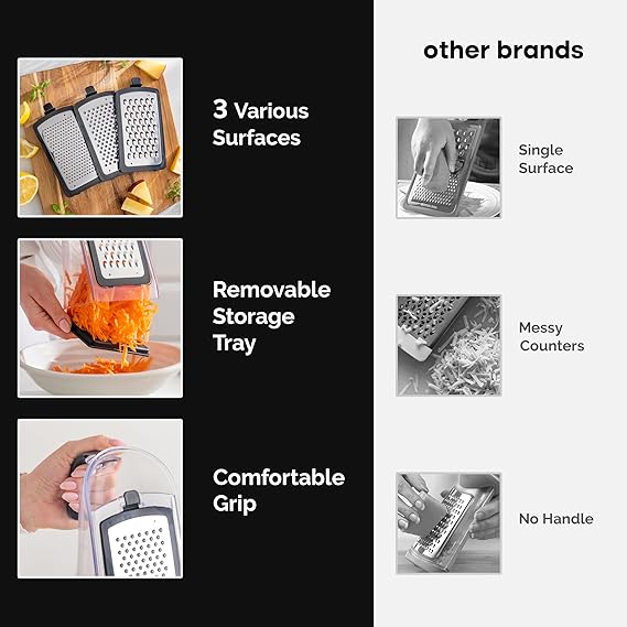 Cheese Grater with Garlic Crusher- Box Grater Vegetable Shredder with 3 Stainless Steel Blades - Graters for Kitchen- Cheese Graters with Handle - Garlic Mincer Tool and Vegetable Peeler