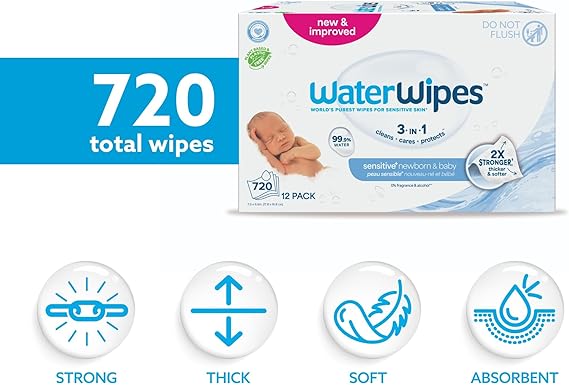 WaterWipes Sensitive+ Newborn & Baby Wipes, 3-In-1 Cleans, Cares, Protects, 99.9% Water, Unscented & Hypoallergenic, 720 Count (12 Packs)