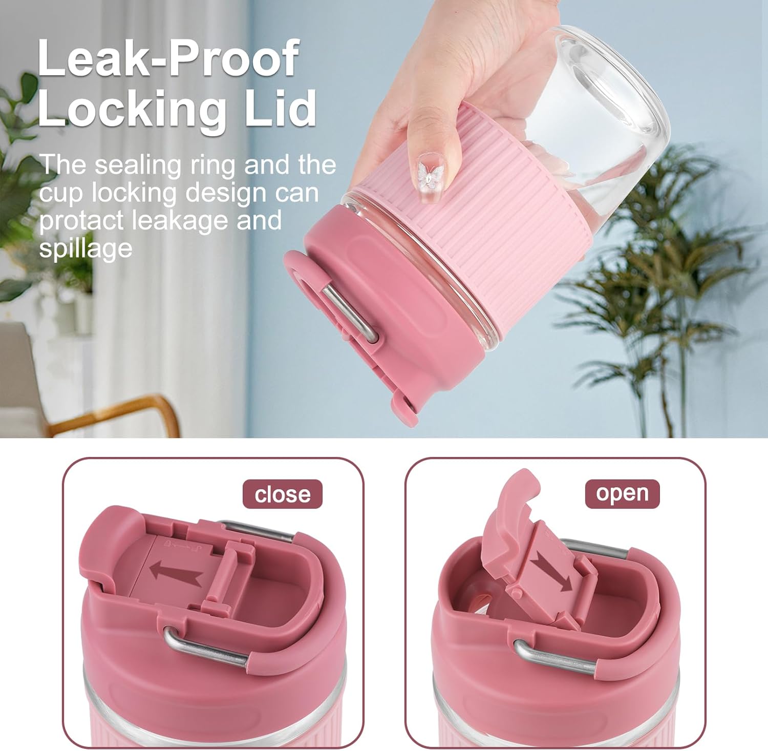 Reusable Glass Coffee Cup | 16oz/450ml Leakproof Travel Mug with Portable Metal Handle,Pink| Borosilicate Glass,Eco-Friendly,BPA-Free|Camping,