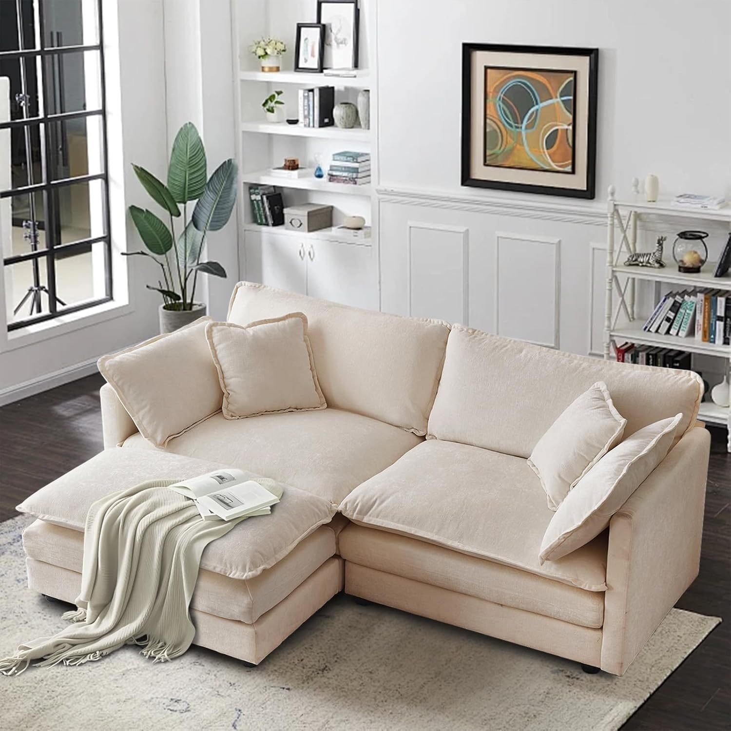 Chenille Sectional Sofa, Comfy L Shaped Modular Coush Sofa with Ottoman, Modern 2 Seat Couch Deep Seat Sofa Set for Living Room,Light Coffee