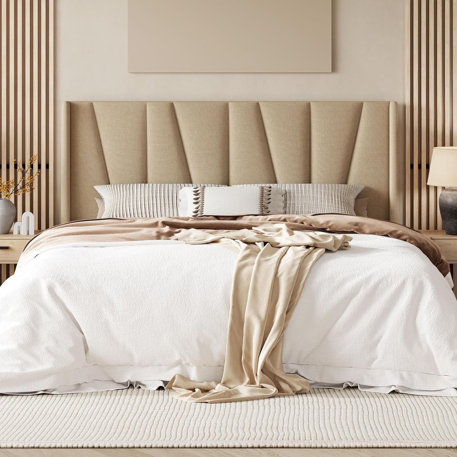 King Size Platform Bed Frame with Geometric Wingback Headboard, Modern Upholstered Bed with Wooden Slats Support, No Box Spring Needed, Easy Assembly, Beige
