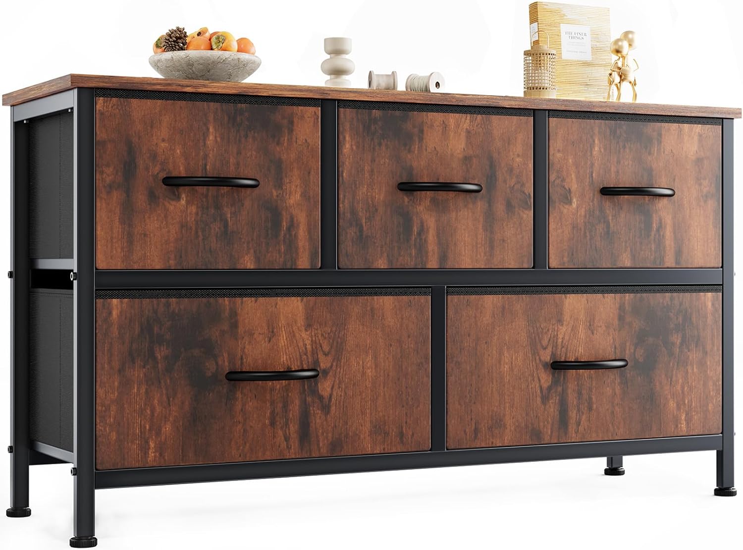 Dresser for Bedroom with 5 Drawers, Wide Chest of Drawers, Fabric Bedroom Dresser with Drawer Organizers, Storage Organizer Unit with Fabric Bins for Closet, Living Room, Hallway, Rustic Brown