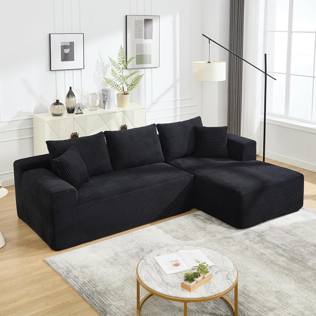 108.7" L-Shaped Modular Sectional Sofa with Oversized Chaise, Cloud Couch with Memory Foam, No Assembly Required Sleeper Sofa for Small Space Living Room, Apartment (Black, Corduroy)
