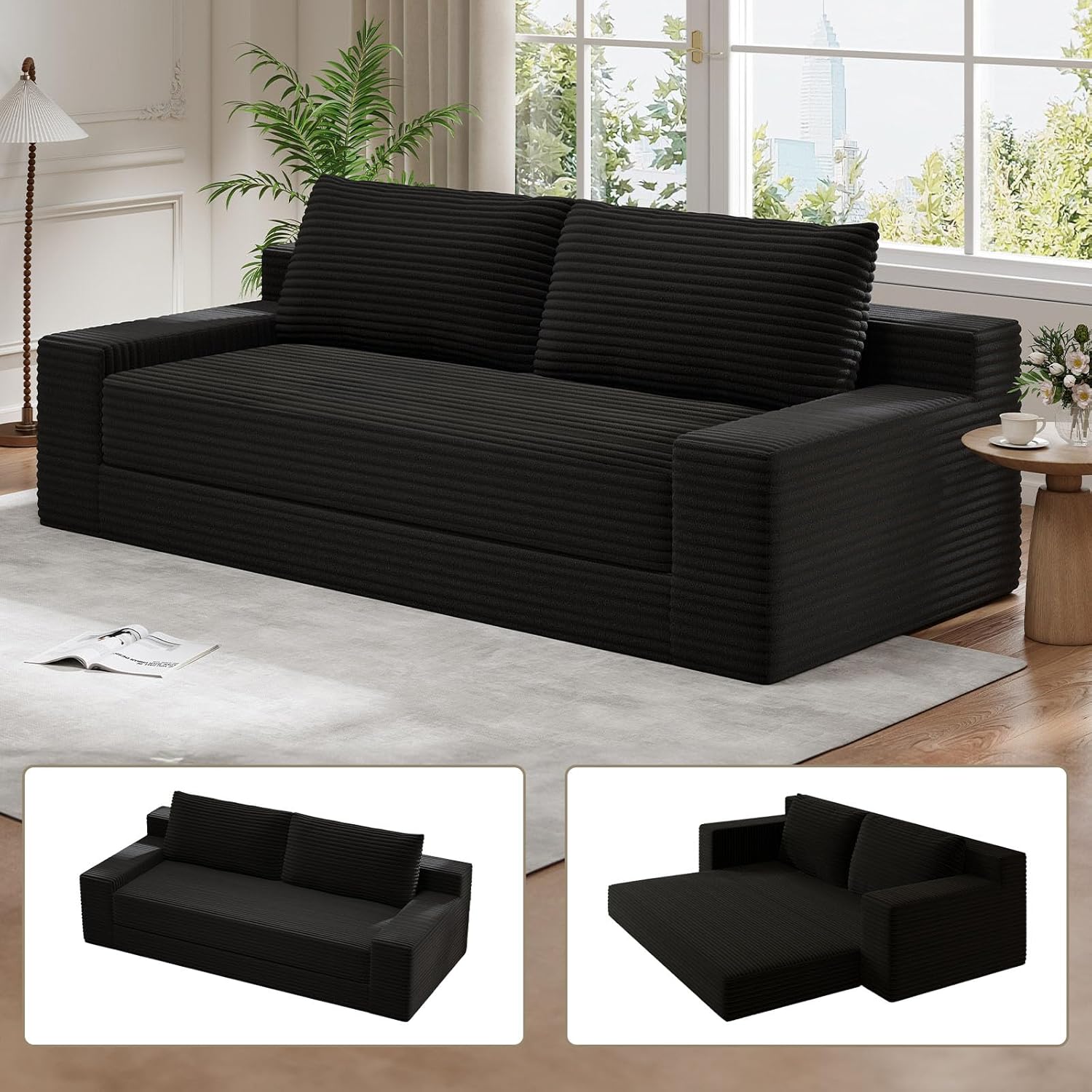 71" Loveseat Sofa, Corduroy Loveseats for Small Spaces, No Assembly Required Love Seat Couch for Living Room, Bedroom, Apartment, Black