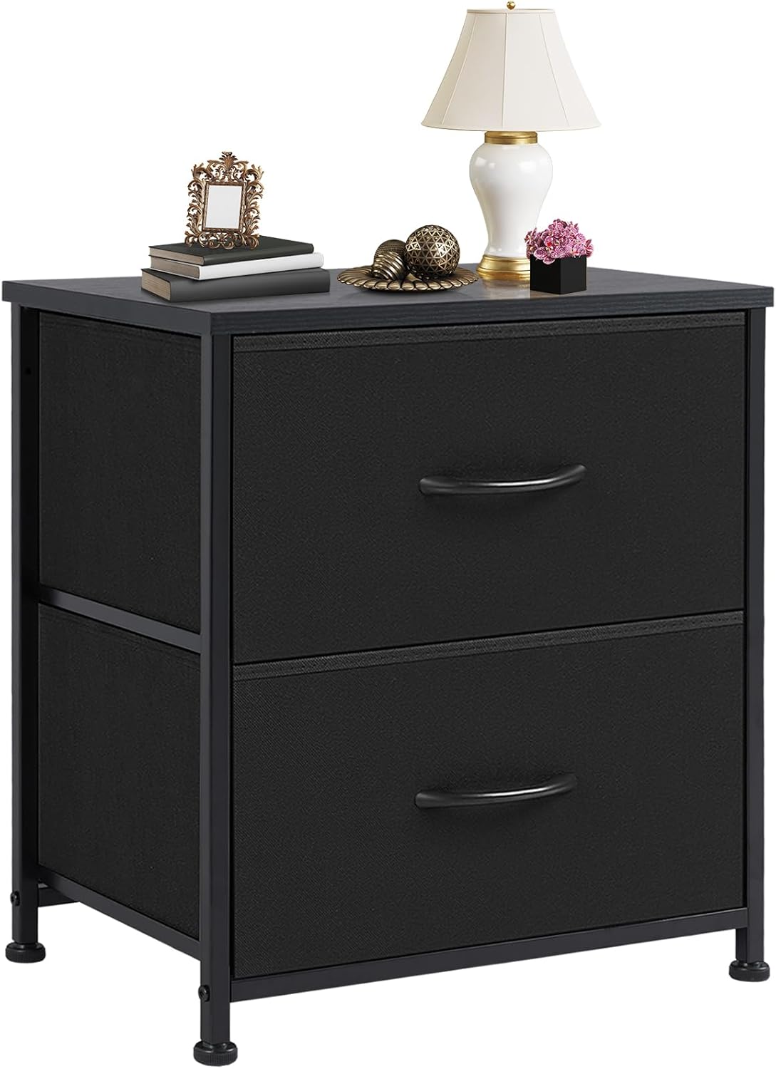 Nightstand Small Dresser with 2 Fabric Drawers Side Tables Bedroom End Table Bedside Storage Furniture for 20 inch Tall Night Stand for Entryway, College Dorm, Classic Black