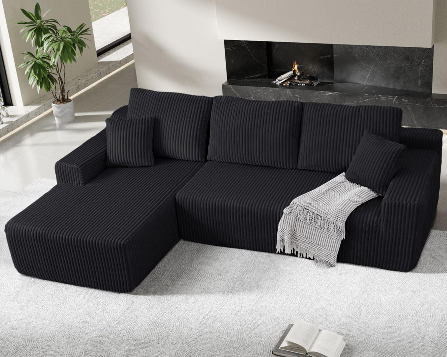 105" Cloud Sectional Couch, L-Shaped Modular Sectional Sofa with Deep Seat, Boneless Couches for Living Room Bedroom, Corduroy Upholstery Black, Left Facing Chaise