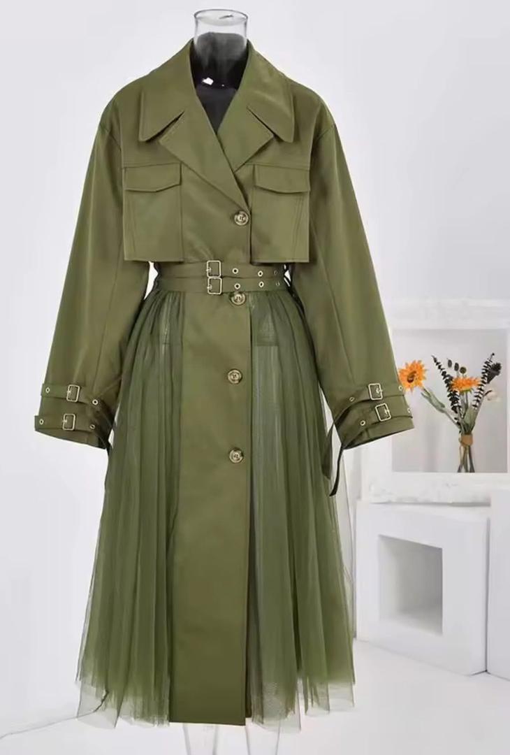 Olive Green Belted Mesh Trench Coat