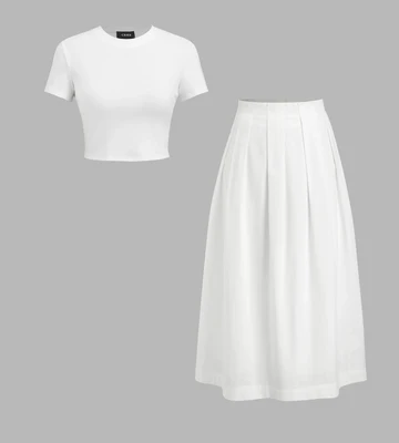 White Crop Top and Midi Skirt Set