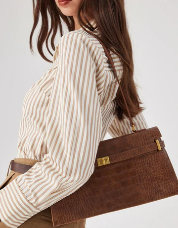 Brown Crocodile-Embossed Leather Shoulder Bag