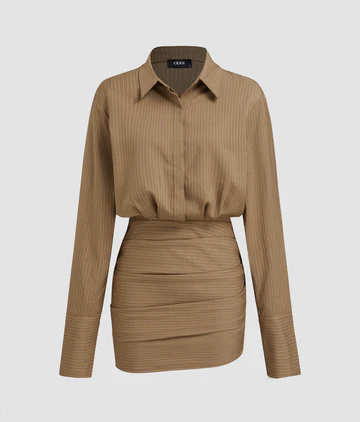 Brown Ribbed Shirt Dress