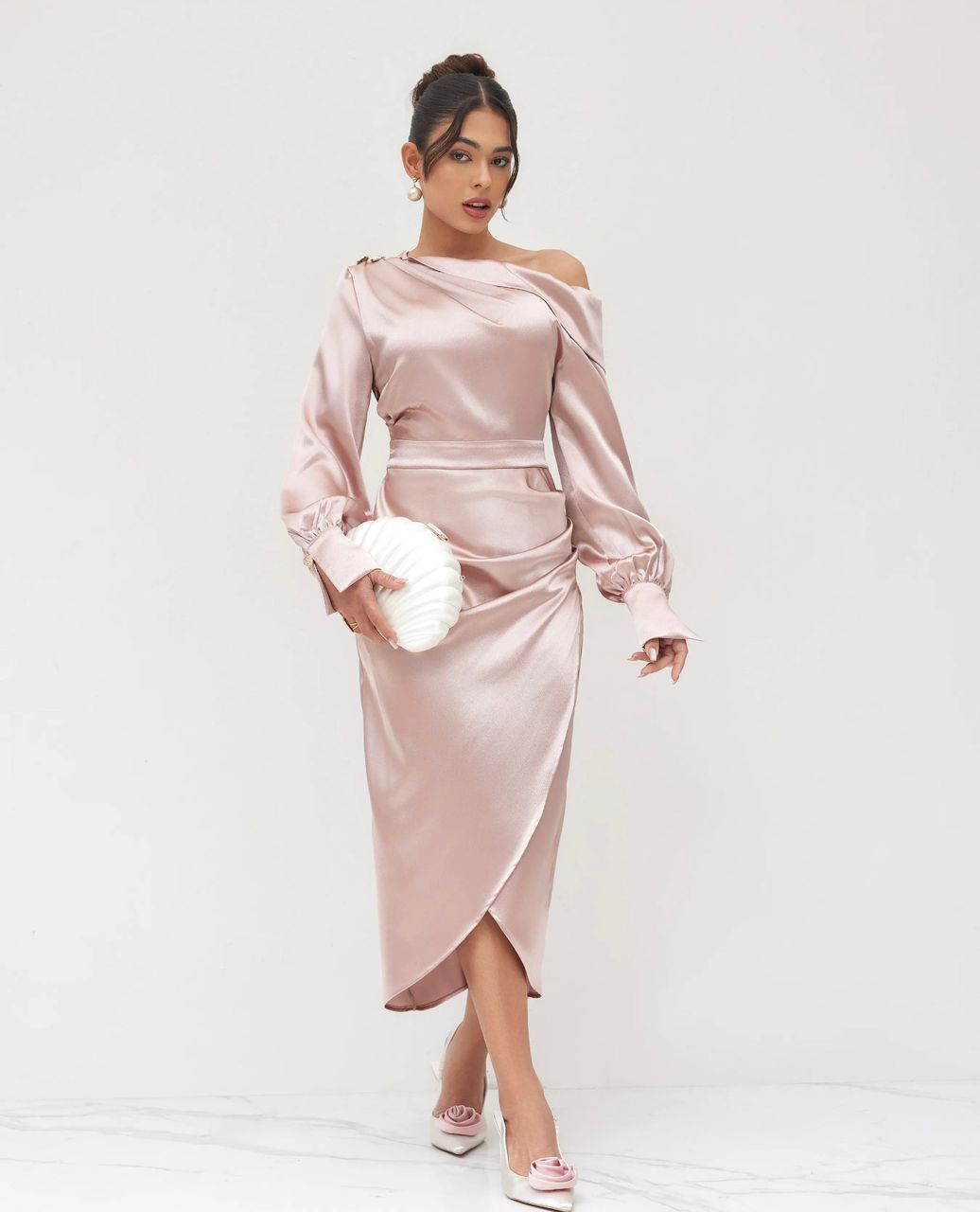 Satin neck rushed split dress