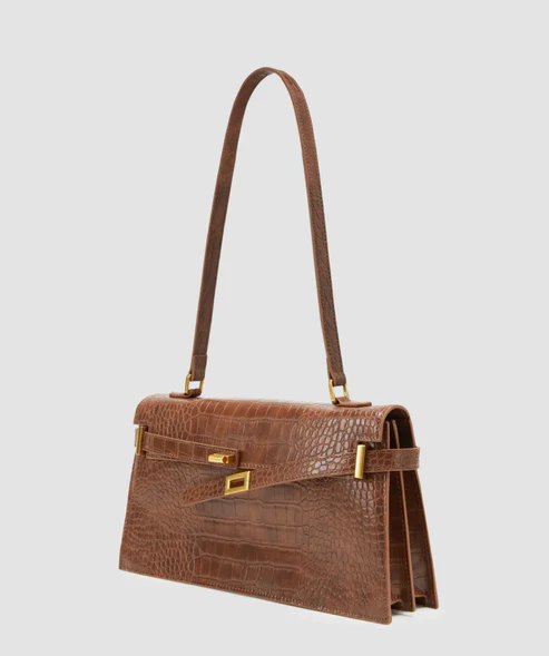 Brown Crocodile-Embossed Leather Shoulder Bag