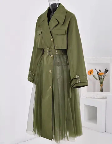 Olive Green Mesh Trench Coat- Chic Coat