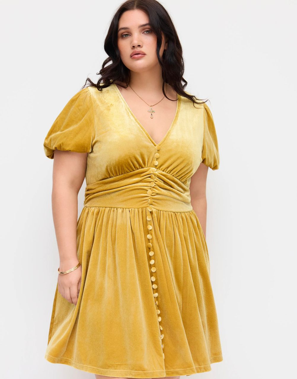 Velvet V-neck Rushed ruffle plus size dress