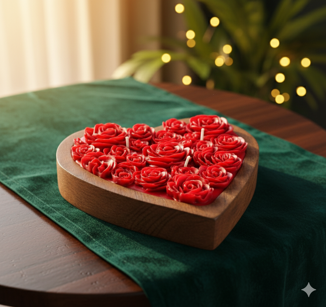 Wooden Heart Scented Candles with Red Roses
