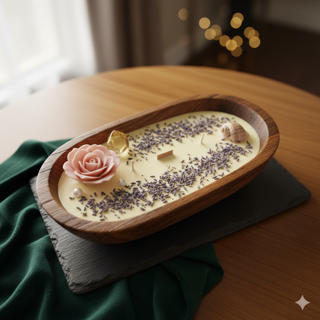 Wooden Boat scented Candle with Flowers and real rosemary